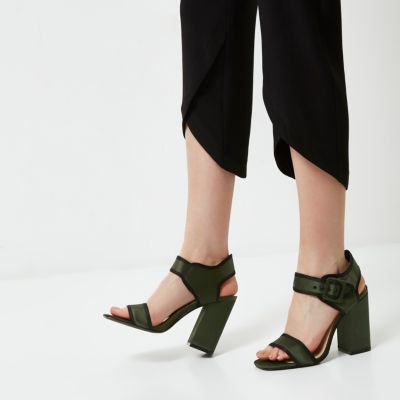 Khaki green satin block heel sandals